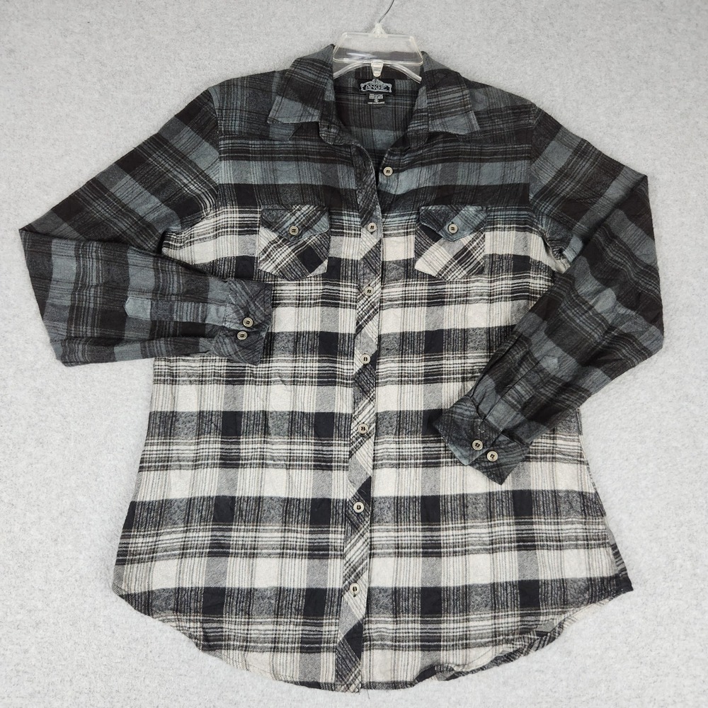 Angie Flannel Shirt Womens Small Black Gray Plaid Long Sleeve Cotton Button Up